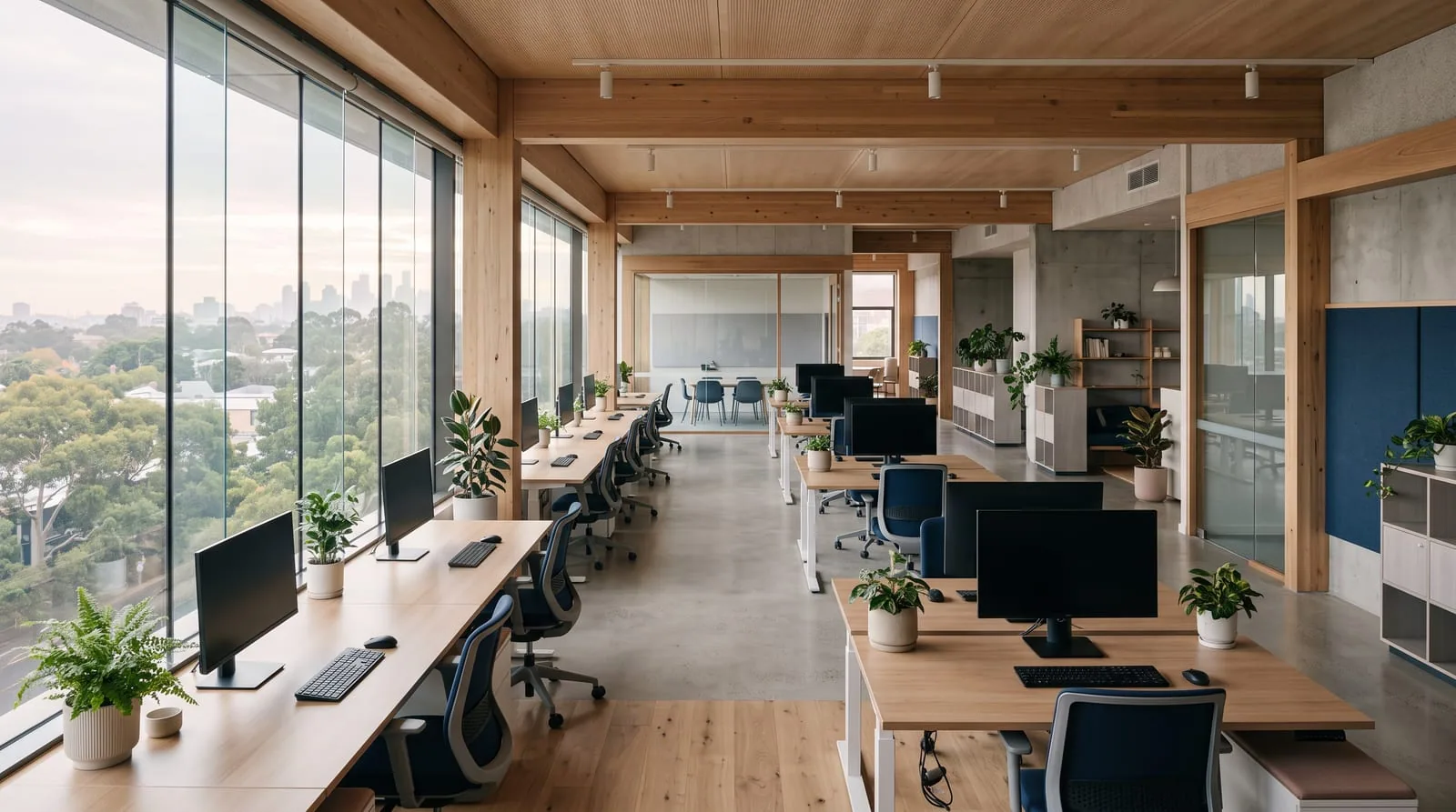 A tidy Brisbane office in morning light, desks with monitors off, plants by the windows