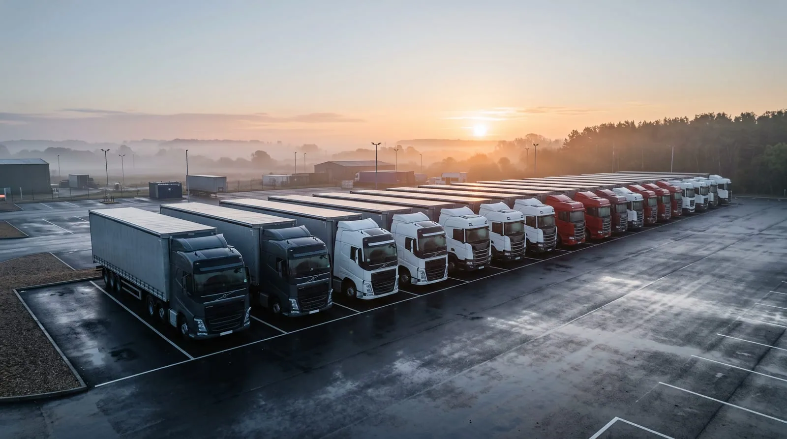 A transport depot at first light, a line of unmarked trucks on wet bitumen