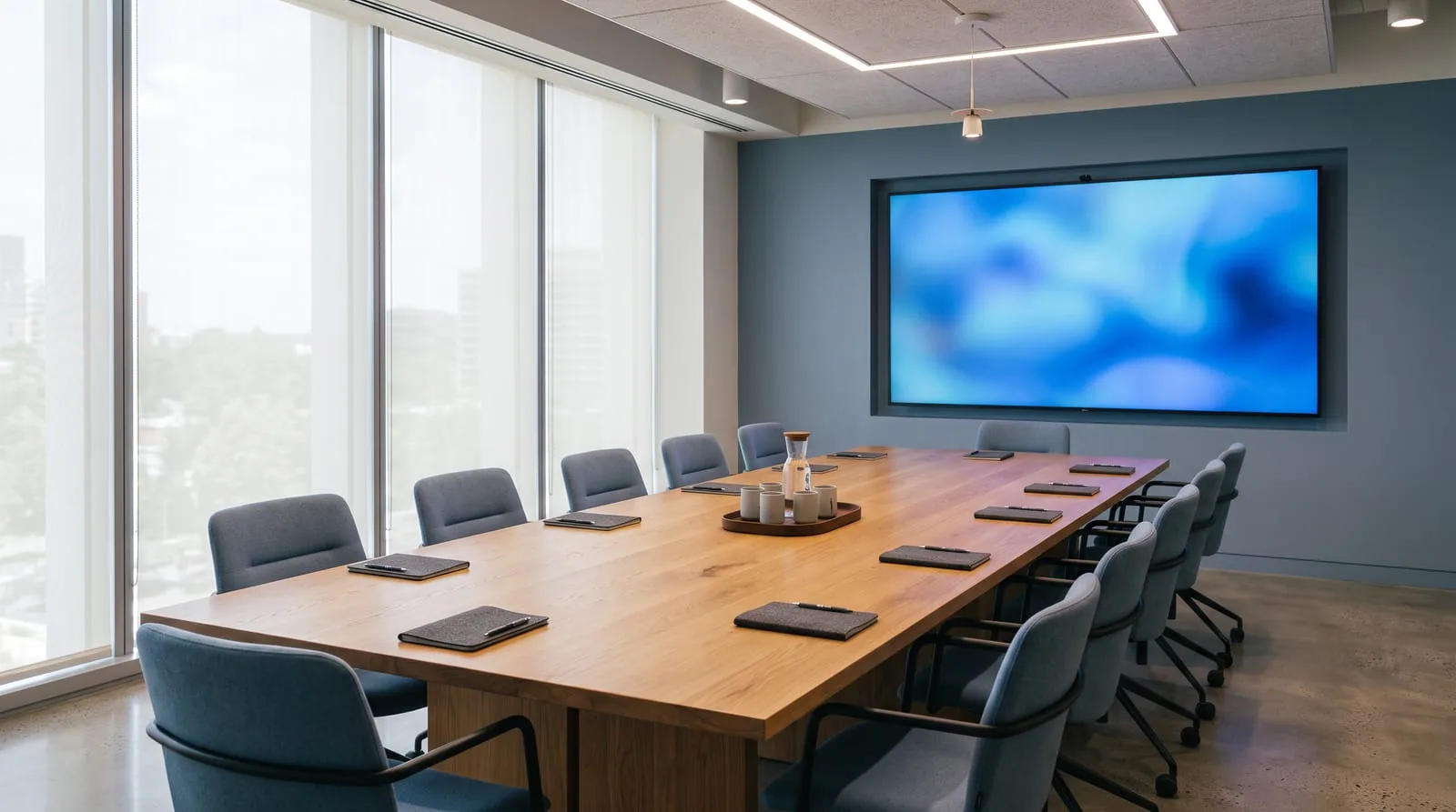 A modern meeting room with a timber table and a large wall display showing a blue gradient